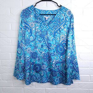St John Blue Paisley Floral Print Silk V-Neck Popover Tunic Resort Style Top M